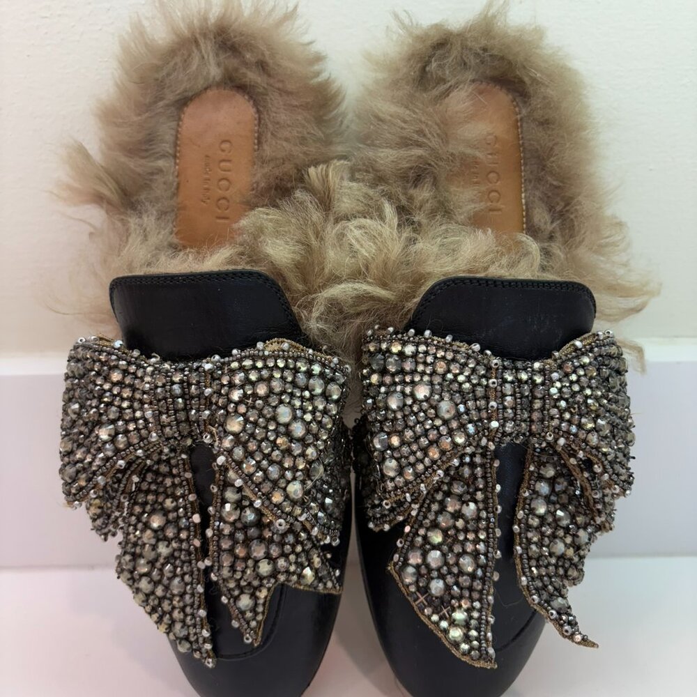 Gucci Princetown Fur Lined Crystal Bow Mule Slippers Black Leather Size 36 6 - Picture 5 of 17